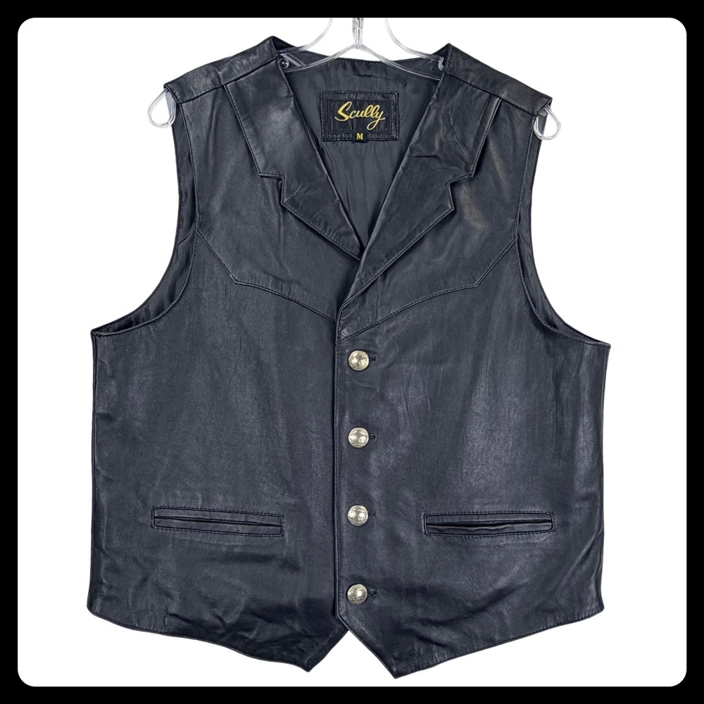 Scully Lambskin Biker Vest Men MEDIUM Black 100% Leather Buffalo Nickel Snaps